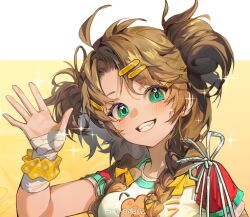 Rule 34 | 1girl, bandaged hand, bandaged wrist, bandages, basu19203696, brown hair, cropped, double bun, green eyes, grin, hair bun, hair ornament, hair over shoulder, hairclip, hand up, long hair, looking at viewer, low twintails, open hand, portrait, reverse:1999, scrunchie, shirt, short sleeves, smile, solo, sparkle, spathodea (reverse:1999), t-shirt, teeth, twintails, two-tone background, waving, weibo logo, weibo watermark, white background, white shirt, wrist scrunchie, yellow background, yellow scrunchie