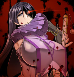 Rule 34 | 1girl, armpit cutout, blood, blood on face, blood on clothes, bodysuit, breasts, clothing cutout, fate/grand order, fate (series), gloves, glowing, glowing eye, huge breasts, long hair, looking at viewer, minamoto no raikou (fate), purple eyes, purple hair, saizu nitou gunsou, solo, very long hair, weapon