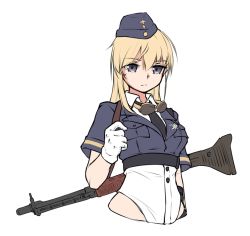 Rule 34 | 1girl, armedshipyard, automatic rifle, battle rifle, black necktie, blonde hair, blue hat, breasts, closed mouth, eyewear in mouth, fg42 (girls&#039; frontline), fg 42, girls&#039; frontline, gloves, grey eyes, gun, hat, long hair, looking at viewer, machine gun, military, military hat, military uniform, mouth hold, necktie, rifle, shirt, small breasts, solo, uniform, weapon, weapon on back, white background, white gloves, white shirt