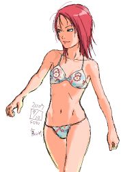 Rule 34 | 00s, 1girl, bikini, blush, closed mouth, cowboy shot, green bikini, ikeda (cpt), juliet nao zhang, lips, my-hime, my-otome, navel, red hair, short hair, simple background, smile, solo, stomach, swimsuit, walking, white background, yuuki nao
