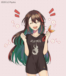 Rule 34 | breasts, brown hair, collarbone, commentary request, dotted background, earrings, etna crimson, closed eyes, hair between eyes, hairband, happy, highres, jewelry, long hair, multicolored hair, nijisanji, nijisanji id, open mouth, piyuka, shirt, simple background, small breasts, solo, t-shirt, virtual youtuber