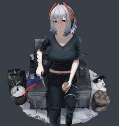 Rule 34 | 1girl, absurdres, arknights, black footwear, black shirt, box, can, explosive, grenade, grey background, hair ornament, highres, holding, holding knife, knife, long bangs, looking at viewer, midriff, navel, nvl, official alternate costume, parted bangs, potato, shirt, short hair, simple background, sitting, snow, w (arknights), w (fugue) (arknights), white hair, yellow eyes