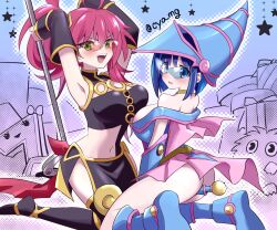 Rule 34 | 2girls, ahoge, armpits, arms up, bare shoulders, between legs, blue-tinted eyewear, blue eyes, blue footwear, blue hair, breasts, chaya mago, choker, cosplay, dark magician girl (cosplay), detached sleeves, duel monster, evil twin ki-sikil, evil twin lil-la, glasses, green eyes, hat, highres, ki-sikil (yu-gi-oh!), kuriboh, large breasts, lil-la (yu-gi-oh!), multiple girls, open mouth, pink-tinted eyewear, pink hair, ponytail, revision, sevens road witch (cosplay), short hair, sleeveless, staff, sunglasses, thighhighs, tinted eyewear, witch hat, yu-gi-oh!, yu-gi-oh! duel monsters, yu-gi-oh! sevens