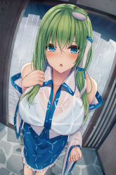 Rule 34 | 1girl, :o, bare shoulders, blue eyes, blush, breasts, cleavage, commentary request, frog hair ornament, green hair, hair ornament, hand up, highres, kochiya sanae, large breasts, liya, long hair, long sleeves, looking at viewer, parted lips, rain, see-through, see-through shirt, shirt, solo, touhou, wet, wet clothes