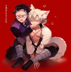 Rule 34 | 2boys, absurdres, animal ear fluff, animal ears, belt, black eyes, black hair, blush, closed eyes, closed mouth, fangs, hair between eyes, highres, huge filesize, japanese clothes, kimetsu no yaiba, long sleeves, male focus, mohawk, monza (saeumon), multiple boys, open clothes, open mouth, red background, scar, scar on arm, scar on chest, scar on face, shinazugawa genya, shinazugawa sanemi, simple background, sitting, sweat, tail, white hair