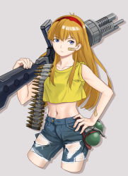 Rule 34 | 1girl, aki hiro, bandaid, bandaid on arm, bandaid on cheek, bandaid on face, battle mania, blue eyes, blue shorts, bullet, closed mouth, collarbone, commentary request, crop top, cropped legs, denim, denim shorts, explosive, game console, grenade, gun, hand on own hip, long hair, machine gun, midriff, navel, ootorii mania, open fly, orange hair, red hair, sega mega drive, shirt, short sleeves, shorts, sleeves rolled up, solo, torn clothes, torn shorts, battle mania, open fly, very long hair, weapon, yellow shirt
