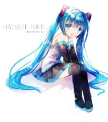 Rule 34 | 1girl, :d, bare shoulders, black footwear, black skirt, black thighhighs, blue eyes, blue hair, blush, boots, character name, commentary request, detached sleeves, grey shirt, hair between eyes, hair ornament, hatsune miku, highres, kohaku muro, long hair, long sleeves, looking at viewer, open mouth, pleated skirt, shirt, skirt, sleeveless, sleeveless shirt, smile, solo, thigh boots, thighhighs, twitter username, very long hair, vocaloid, white background