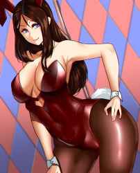 Rule 34 | 1girl, absurdres, alternate costume, animal ears, argyle, argyle background, argyle clothes, bare shoulders, blue eyes, breasts, brown hair, brown pantyhose, cleavage, closed mouth, covered navel, fake animal ears, fate/grand order, fate (series), forehead, hair between eyes, hand on own hip, highleg, highleg leotard, highres, hip focus, kisaragi tsurugi, large breasts, leonardo da vinci (fate), leotard, long hair, looking at viewer, pantyhose, parted bangs, playboy bunny, pole, rabbit ears, rabbit tail, red leotard, smile, solo, stripper pole, tail, thighs, wrist cuffs
