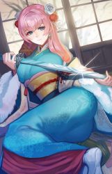 Rule 34 | 1girl, blue eyes, breasts, earrings, fire emblem, fire emblem heroes, flower, full body, fur trim, gradient hair, gunnthra (fire emblem), hair flower, hair ornament, highres, holding, holding sword, holding weapon, indoors, japanese clothes, jewelry, katana, kimono, kokouno oyazi, long hair, long sleeves, looking at viewer, lying, medium breasts, multicolored hair, nintendo, no headwear, obi, on side, pink hair, rose, sash, smile, snowflake print, solo, sword, thighs, tree, weapon, wide sleeves, window