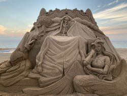 Rule 34 | 1boy, 1girl, ainz ooal gown, albedo (overlord), beach, demon girl, long hair, overlord (maruyama), photo (medium), sand sculpture