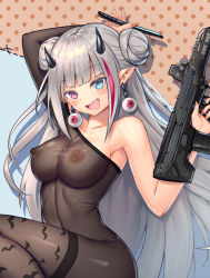 Rule 34 | 1girl, blush, bodystocking, bodysuit, breasts, bullpup, demon horns, double bun, earrings, fang, girls&#039; frontline, gun, hair bun, heterochromia, highres, holding, holding weapon, horns, jewelry, large breasts, long hair, mdr (ghost trap) (girls&#039; frontline), mdr (girls&#039; frontline), multicolored hair, navel, nipples, nude, official alternate costume, open mouth, pointy ears, silver hair, skin tight, smile, solo, streaked hair, thighhighs, thighs, weapon, xiaoxi0619