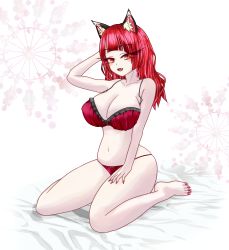 Rule 34 | 1girl, :d, absurdres, alternate hairstyle, animal ears, blunt bangs, breasts, cat ears, cleavage, fang, hair down, highres, kaenbyou rin, large breasts, long hair, looking at viewer, nail polish, navel, on bed, open mouth, red eyes, red hair, red nails, sharp toenails, simple background, sitting, smile, solo, sugar you, toenail polish, toenails, touhou, underwear, underwear only, wariza