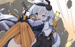 Rule 34 | 1girl, antenna hair, black jacket, blue eyes, blush, breasts, chestnut mouth, commentary request, dress, fang, feet out of frame, fur-trimmed jacket, fur trim, grey dress, gun, hair between eyes, hair ornament, handgun, highres, holding, holding gun, holding weapon, jacket, kizuna akari, knees together feet apart, large breasts, long hair, long sleeves, low twintails, milkpanda, off shoulder, one eye closed, open clothes, open jacket, open mouth, orange thighhighs, pistol, puffy long sleeves, puffy sleeves, rabbit hair ornament, rock, shirt, silver hair, sitting, skindentation, solo, striped clothes, striped thighhighs, thighhighs, twintails, under fire, vertical-striped clothes, vertical-striped thighhighs, very long hair, voiceroid, weapon, weapon request, white shirt