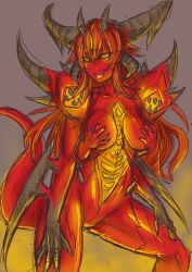 Rule 34 | 1girl, black sclera, blizzard (company), breasts, colored sclera, colored skin, covering breasts, covering privates, demon girl, diablo (blizzard), diablo (diablo 3), diablo (series), diablo 3, exaxuxer, extra arms, horns, red skin, solo, spikes, spoilers, tail