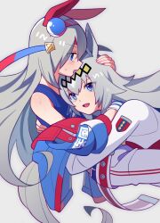 Rule 34 | 2girls, animal ears, bare shoulders, blue eyes, blue jacket, blue tank top, commentary, ear covers, fang, feng ft um, grey background, grey hair, hair ornament, hairband, headpat, highres, horse ears, horse girl, hug, jacket, jacket partially removed, long hair, multicolored hair, multiple girls, oguri cap (umamusume), open mouth, pants, shirt, simple background, smile, streaked hair, striped clothes, striped hairband, tamamo cross (umamusume), tank top, umamusume, very long hair, white hair, white pants, white shirt