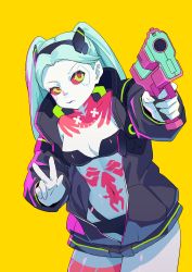 Rule 34 | 1girl, absurdres, aiming, aiming at viewer, aqua hair, artificial eye, black bra, black jacket, black panties, bra, breasts, collarbone, colored sclera, commentary, cyberpunk (series), cyberpunk edgerunners, finger on trigger, fumeng0, green eyes, gun, handgun, highres, holding, holding gun, holding weapon, jacket, leg tattoo, looking to the side, mechanical eye, medium breasts, navel, neck tattoo, panties, partially unzipped, purple lips, rebecca (cyberpunk), red pupils, red sclera, samurai jacket (cyberpunk), solo, stomach tattoo, tattoo, twintails, underwear, v, weapon, yellow background