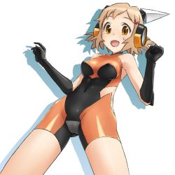 Rule 34 | 10s, 1girl, bare shoulders, black gloves, bodysuit, clothing cutout, drop shadow, elbow gloves, gloves, hair ornament, headgear, highres, light brown hair, looking at viewer, open mouth, senki zesshou symphogear, shadow, short hair, side cutout, simple background, skin tight, solo, surprised arms, sweat, tachibana hibiki (symphogear), unyon, white background, yellow eyes