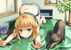 Rule 34 | 1girl, ahoge, all fours, artoria pendragon (all), artoria pendragon (fate), barefoot, bed sheet, black cat, blonde hair, blurry, candy, cat, cat day, cat stretch, fate/stay night, fate (series), food, green eyes, hellnyaa, highres, konpeitou, saber (fate), short hair, smile, solo, stretching