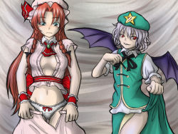 Rule 34 | 2girls, bat wings, blue eyes, braid, breasts, china dress, chinese clothes, cleavage, cosplay, costume switch, dress, embarrassed, female focus, hat, hong meiling, hong meiling (cosplay), kuchisuna, large breasts, long hair, midriff, multiple girls, oversized clothes, panties, red eyes, red hair, remilia scarlet, remilia scarlet (cosplay), short hair, embodiment of scarlet devil, touhou, twin braids, undersized clothes, underwear, wings