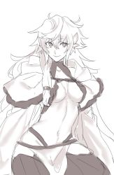 Rule 34 | 1girl, bad id, bad twitter id, breasts, cleavage, cloak, cowboy shot, fate/grand order, fate/stay night, fate (series), gender request, genderswap, greyscale, groin, harem pants, hood, long hair, looking at viewer, merlin (fate/prototype), merlin (fate/stay night), monochrome, navel, pants, pelvic curtain, revealing clothes, seseragi azuma, sitting, sketch, smile, solo