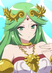 Rule 34 | 1girl, ancient greek clothes, bare shoulders, blush, breasts, chiton, closed mouth, collarbone, dress, female focus, forehead jewel, green eyes, green hair, hand up, headpiece, kid icarus, kid icarus uprising, long hair, looking at viewer, matching hair/eyes, medium breasts, nintendo, palutena, parted bangs, solo, strapless, strapless dress, tadanoshi kabane, upper body, white dress