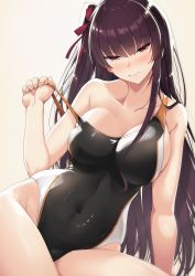 Rule 34 | 1girl, akahito, arm support, beige background, blush, breasts, collarbone, competition swimsuit, covered navel, girls&#039; frontline, hair ribbon, half-closed eyes, highres, large breasts, long hair, looking at viewer, one-piece swimsuit, one side up, purple hair, red eyes, ribbon, sidelocks, simple background, sitting, skindentation, solo, sweatdrop, swimsuit, swimsuit tug, thighs, tsurime, very long hair, wa2000 (girls&#039; frontline), yokozuwari