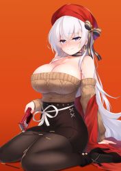 Rule 34 | 1girl, absurdres, aran sweater, arm support, azur lane, bare shoulders, belfast (azur lane), belfast (shopping with the head maid) (azur lane), beret, black choker, black footwear, black pantyhose, blush, box, breasts, brown sweater, cable knit, choker, cleavage, collarbone, dated, earrings, food, hair between eyes, hat, high heels, highres, holding, holding box, hoop earrings, jewelry, large breasts, long hair, long sleeves, looking at viewer, off-shoulder sweater, off shoulder, orange background, pantyhose, pencil skirt, pocky, red hat, ribbon, shawl, silver hair, simple background, sitting, skirt, smile, solo, subaru (794829485), sweater, thighs, wariza, white ribbon