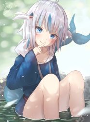 Rule 34 | 1girl, absurdres, amayo (amayo000), blue eyes, blue hair, blue hoodie, blunt bangs, blush, collarbone, fang, finger to mouth, fins, fish tail, gawr gura, hair ornament, highres, hololive, hololive english, hood, hoodie, long sleeves, looking at viewer, medium hair, multicolored hair, partially submerged, shark girl, shark hair ornament, shark tail, sitting, solo, streaked hair, tail, two side up, virtual youtuber, water, white hair, wide sleeves