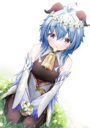 Rule 34 | ahoge, bare shoulders, bell, black legwear, blue hair, blush, breasts, detached sleeves, ebiri fy, flower, flower in mouth, ganyu (genshin impact), genshin impact, gold trim, hair flower, hair ornament, highres, holding, holding flower, horns, looking at viewer, medium breasts, multicolored eyes, neck bell, qingxin flower, seiza, sidelocks, sitting, solo, thighlet, white flower, white sleeves