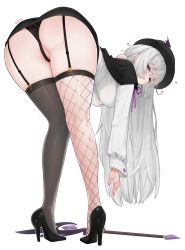 Rule 34 | 1girl, absurdres, ass, ass focus, asymmetrical legwear, bent over, black capelet, black footwear, black hat, black panties, black thighhighs, blue eyes, blush, breasts, capelet, collared shirt, fishnet thighhighs, fishnets, garter straps, hanging breasts, hat, high heels, highres, knees together feet apart, large breasts, lingerie, long hair, long sleeves, looking at viewer, looking back, miniskirt, mismatched legwear, nujig, panties, partially visible vulva, pencil skirt, reaching, shirt, signature, simple background, skirt, smile, solo, standing, thighhighs, thighs, thong, underwear, white background, white hair, white shirt