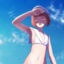 Rule 34 | 10s, 1girl, adapted costume, armpits, beret, bikini, blue sky, blunt bangs, brown eyes, brown hair, chromatic aberration, commentary request, crop top, day, flat chest, hand to forehead, hat, kantai collection, navel, open mouth, sailor bikini, sailor collar, sailor hat, shade, shading eyes, shadow, short hair, sketch, sky, solo, swimsuit, upper body, white bikini, white hat, yue (tada no saboten), z3 max schultz (kancolle)