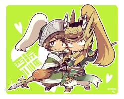 Rule 34 | 2boys, blonde hair, bright pupils, brown eyes, brown hair, brown pants, chibi, chibi only, closed mouth, cross, eyelashes, facial hair, full body, glint, goatee stubble, green background, heart, holding, holding polearm, holding weapon, kotorai, ma chao, ma dai, multiple boys, no nose, pants, polearm, shin sangoku musou, smile, stubble, weapon, white pants, white pupils, yaoi