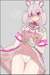 Rule 34 | 1girl, absurdres, bandaged arm, bandages, blunt bangs, breasts, closed mouth, collared shirt, dress, frilled dress, frills, gluteal fold, gradient background, hair between eyes, hair ornament, hat, heart, highres, lace, lace-trimmed panties, lace trim, lifted by self, lingerie, luyheg, midriff, navel, nijisanji, nurse, nurse cap, pale skin, panties, parted bangs, pink eyes, shirt, short sleeves, short twintails, simple background, smile, solo, striped, sukoya kana, thigh gap, thighs, twintails, underwear, virtual youtuber, white dress, white hair, white panties, wrist cuffs, x hair ornament
