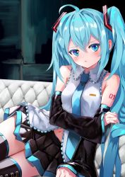 Rule 34 | 1girl, ahoge, bare shoulders, black thighhighs, blue eyes, blue hair, blue nails, blue necktie, blush, breasts, closed mouth, collared shirt, couch, detached sleeves, hair between eyes, hair ornament, hatsune miku, highres, indoors, long hair, looking at viewer, lying, midriff peek, miniskirt, nail polish, navel, necktie, shirt, skirt, sleeveless, sleeves past wrists, small breasts, solo, takepon1123, thighhighs, twintails, very long hair, vocaloid, zettai ryouiki