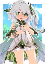 Rule 34 | 1girl, absurdres, blue sky, blush, border, cape, cloud, clover-shaped pupils, commentary request, dress, flying sweatdrops, genshin impact, green eyes, green hair, highres, looking at viewer, multicolored hair, nahida (genshin impact), open mouth, outdoors, pointy ears, sky, solo, streaked hair, symbol-shaped pupils, tree, tsukimirin, two-tone hair, white border, white dress, white hair