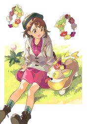 Rule 34 | 1girl, :d, arm support, backpack, bag, bob cut, boots, brown bag, brown eyes, brown footwear, brown hair, buttons, cardigan, collared dress, comfey, commentary request, creatures (company), dress, eyelashes, game freak, gen 7 pokemon, gen 8 pokemon, gloria (pokemon), grass, green headwear, green legwear, grey cardigan, hat, highres, hooded cardigan, knees, nintendo, open mouth, peco-midori, pink dress, plaid, plaid legwear, pokemon, pokemon (creature), pokemon swsh, short hair, sitting, smile, socks, tam o&#039; shanter, yamper