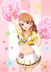 Rule 34 | 1girl, arm up, artist name, blush, braid, breasts, cheerleader, cleavage, collarbone, commentary request, crop top, cropped jacket, diesel-turbo, french braid, frilled skirt, frills, hair between eyes, hat, highres, hojo karen, idolmaster, idolmaster cinderella girls, jacket, layered skirt, looking at viewer, mini hat, navel, open mouth, orange hair, pom pom (cheerleading), skirt, small breasts, solo, swept bangs, wristband, yellow eyes, yellow jacket