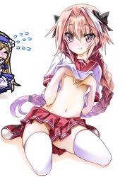 Rule 34 | 2boys, androgynous, astolfo (fate), astolfo (sailor paladin) (fate), black bow, blonde hair, blush, bow, braid, chevalier d&#039;eon (fate), clothes lift, fang, fang out, fate/grand order, fate (series), hair ribbon, hiding, highres, lifted by self, long hair, male focus, multiple boys, navel, official alternate costume, pink hair, purple eyes, ribbon, senomoto hisashi, shirt lift, single braid, smile, trap, white legwear
