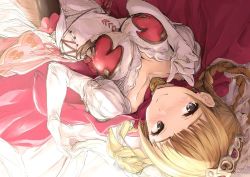 Rule 34 | 10s, 1girl, akita hika, bad id, bad pixiv id, blonde hair, blue eyes, blunt bangs, blush, braid, braided hair rings, choker, commentary request, dress, elbow gloves, gloves, granblue fantasy, hair rings, highres, jewelry, juliet (granblue fantasy), lying, on back, puffy sleeves, smile, solo, tiara, white gloves