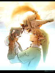 Rule 34 | 1boy, 1girl, blush, gradient background, hat, letterboxed, link, long hair, looking at another, midna, nintendo, orange hair, outdoors, pointy ears, red eyes, short hair, sky, smile, tak (karasuki), the legend of zelda, the legend of zelda: twilight princess, upper body, white background