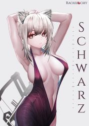 Rule 34 | 1girl, absurdres, ahoge, alternate costume, animal ear fluff, animal ears, arknights, armpits, arms behind head, arms up, bow (weapon), breasts, cat ears, center opening, character name, cleavage, cowboy shot, dress, eyebrows hidden by hair, highres, john wheryus, large breasts, looking at viewer, navel, parted lips, purple dress, revealing clothes, schwarz (arknights), short hair, silver hair, simple background, sleeveless, sleeveless dress, solo, weapon, white background