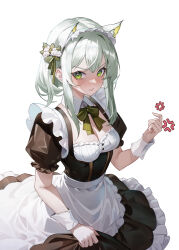 Rule 34 | 1girl, absurdres, anger vein, animal ear fluff, animal ears, apron, arknights, black dress, blush, bow, bowtie, breasts, cat ears, cat girl, cleavage, commentary, cowboy shot, detached collar, dress, english commentary, frilled dress, frills, green bow, green bowtie, green eyes, green hair, hair bow, hair ornament, highres, kal&#039;tsit (arknights), long hair, looking at viewer, maid, maid apron, medium breasts, mixed-language commentary, parted lips, puffy sleeves, sama (sama24654684), short sleeves, sidelocks, simple background, solo, white background, white wrist cuffs, wrist cuffs