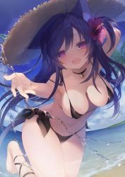 Rule 34 | 1girl, :d, ahoge, animal ear fluff, animal ears, arm up, armpits, bare arms, bare shoulders, barefoot, beach, bikini, black bikini, black choker, blue hair, breasts, cameltoe, cat ears, cat girl, cat tail, choker, cleavage, collarbone, day, flower, hair flower, hair ornament, hat, hibiscus, highres, leaning forward, leg up, long hair, looking at viewer, medium breasts, melonbooks, micro bikini, navel, ocean, one side up, open mouth, outstretched arm, purple eyes, purple flower, side-tie bikini bottom, smile, solo, standing, standing on one leg, straw hat, swimsuit, tail, very long hair, water, yoruneko