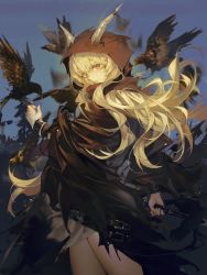 Rule 34 | 1girl, absurdres, arknights, bandaged arm, bandages, bird, bird on hand, blonde hair, blue background, cloak, cowboy shot, crow, from side, highres, holding, holding staff, hood, hood up, hooded cloak, horns through hood, koi han, long hair, long sleeves, looking at viewer, looking to the side, parted lips, red eyes, shining (arknights), simple background, solo, staff, thighs, very long hair