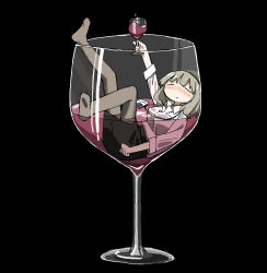 Rule 34 | 1girl, black background, black skirt, blush, breasts, closed eyes, collared shirt, cup, drinking glass, drunk, highres, holding, id card, in container, in cup, jewelry, long sleeves, medium breasts, medium hair, necklace, original, oversized object, pantyhose, partially submerged, pencil skirt, shirt, simple background, skirt, solo, thighhighs, tsukumizu yuu, white shirt, wine glass