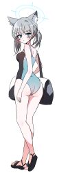 Rule 34 | 1girl, animal ear fluff, animal ears, arms at sides, bag, blue archive, blue eyes, blue halo, competition school swimsuit, cross, duffel bag, grey hair, halo, heterochromia, highres, inverted cross, kneepits, looking at viewer, school swimsuit, shiroko (blue archive), shiroko (swimsuit) (blue archive), simple background, solo, swimsuit, thighs, white background, wolf ears, yukki bunny