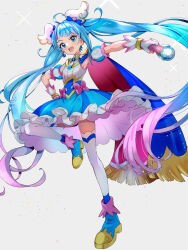 Rule 34 | 1girl, :d, asymmetrical clothes, blue dress, blue eyes, blue footwear, blue hair, boots, cape, commentary request, cure sky, detached sleeves, dress, earrings, eyelashes, fingerless gloves, gloves, hair ornament, happy, highres, hirogaru sky! precure, jewelry, light blue hair, light blush, long hair, looking at viewer, magical girl, open mouth, precure, puffy short sleeves, puffy sleeves, pukara, short sleeves, simple background, smile, solo, sora harewataru, thighhighs, thighs, twintails, very long hair, white gloves, white thighhighs