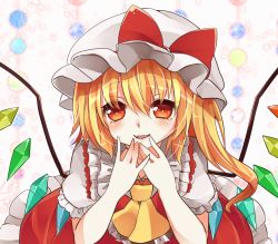 Rule 34 | 1girl, ascot, blonde hair, blush, crystal, fang, flandre scarlet, hat, looking at viewer, open mouth, puffy short sleeves, puffy sleeves, red eyes, ribbon, short hair, short sleeves, side ponytail, skirt, smile, solo, touhou, vest, wings, yuria (kittyluv)
