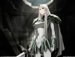 00s armor cape claymore_(series) claymore_(sword) galatea highres long_hair pale_skin solo sword weapon white_hair