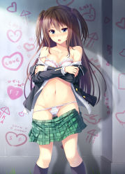 Rule 34 | 1girl, ai ai gasa, bare shoulders, blazer, blue eyes, blush, bra, bra pull, breasts, brown hair, cleavage, clothes pull, collarbone, commentary request, covering privates, covering breasts, crossed arms, heart, jacket, large breasts, long hair, looking at viewer, midriff, navel, noe noel, off shoulder, open jacket, open clothes, open jacket, open mouth, open shirt, original, panties, panty pull, school uniform, shirt, shirt pull, skirt, skirt pull, solo, standing, two side up, underwear, undressing, very long hair, white panties